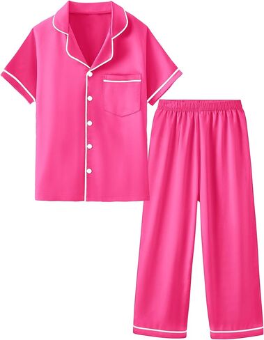 Mikrdoo Silk Pajamas for Girls 2 قطعة: قمم قصيرة من الأكمام والسراويل Satin PJS ملابس النوم للأطفال من 3 إلى 14 سنة in Kuwait