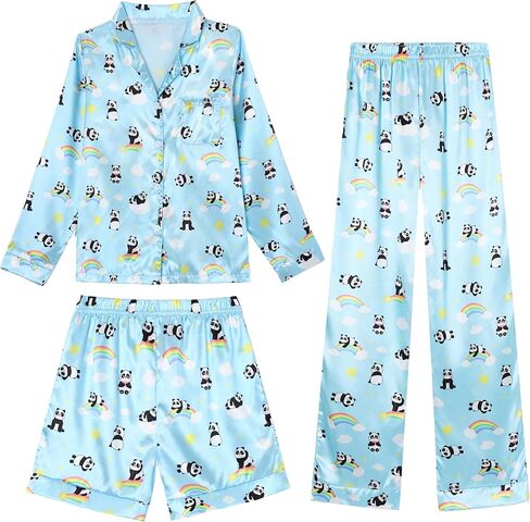 Caretoo Girls Pajamas 3 قطعة ساتان طويلة الأكمام طويلة السراويل مع السراويل القصيرة Pajama مجموعة لطيف الأطفال ملابس النوم 3-10y in Kuwait