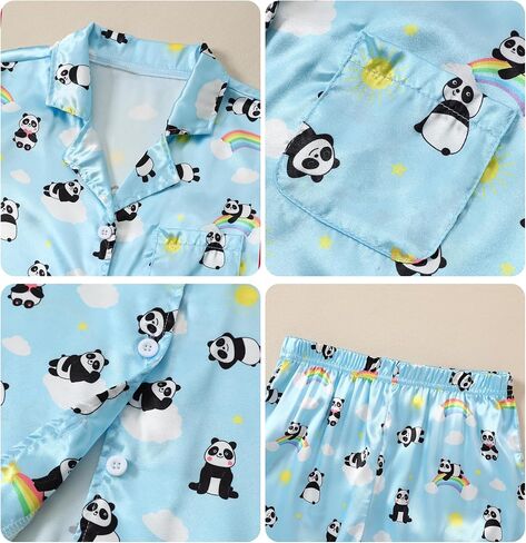Caretoo Girls Pajamas 3 قطعة ساتان طويلة الأكمام طويلة السراويل مع السراويل القصيرة Pajama مجموعة لطيف الأطفال ملابس النوم 3-10y in Kuwait