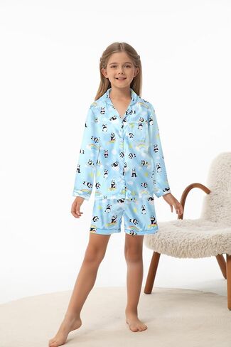 Caretoo Girls Pajamas 3 قطعة ساتان طويلة الأكمام طويلة السراويل مع السراويل القصيرة Pajama مجموعة لطيف الأطفال ملابس النوم 3-10y in Kuwait