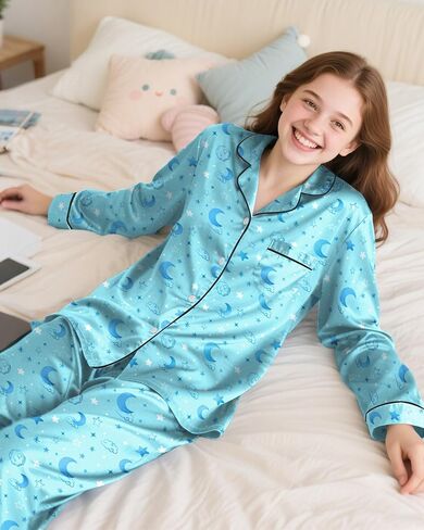 الفتيات بيجاماس الحرير pjs مجموعة الساتان ساتان ساتان الأكمام طويلة الأكمام للأطفال in Kuwait