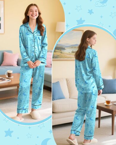 الفتيات بيجاماس الحرير pjs مجموعة الساتان ساتان ساتان الأكمام طويلة الأكمام للأطفال in Kuwait