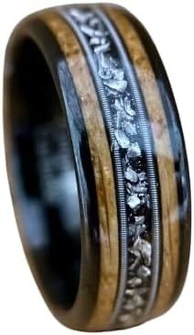 BW James Jewelers “The Space Cowboy" Black Ceramic Men's Wedding Band with Kentucky Bourbon Barrel, Guitar String & Meteorite Inlay – Unique Wedding Bands, Engagement & Promise Ring Sizes 8-14 in Saudi Arabia