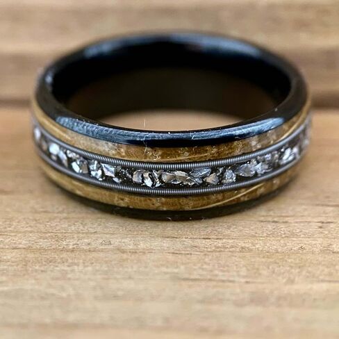BW James Jewelers “The Space Cowboy" Black Ceramic Men's Wedding Band with Kentucky Bourbon Barrel, Guitar String & Meteorite Inlay – Unique Wedding Bands, Engagement & Promise Ring Sizes 8-14 in Saudi Arabia