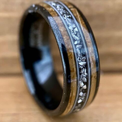 BW James Jewelers “The Space Cowboy" Black Ceramic Men's Wedding Band with Kentucky Bourbon Barrel, Guitar String & Meteorite Inlay – Unique Wedding Bands, Engagement & Promise Ring Sizes 8-14 in Saudi Arabia