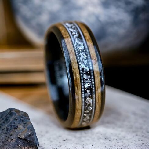 BW James Jewelers “The Space Cowboy" Black Ceramic Men's Wedding Band with Kentucky Bourbon Barrel, Guitar String & Meteorite Inlay – Unique Wedding Bands, Engagement & Promise Ring Sizes 8-14 in Saudi Arabia