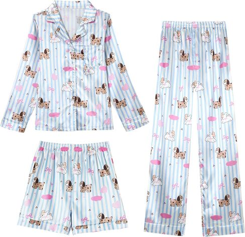 Caretoo Girls Pajamas 3 قطعة ساتان طويلة الأكمام طويلة السراويل مع السراويل القصيرة Pajama مجموعة لطيف الأطفال ملابس النوم 3-10y in Kuwait