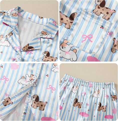 Caretoo Girls Pajamas 3 قطعة ساتان طويلة الأكمام طويلة السراويل مع السراويل القصيرة Pajama مجموعة لطيف الأطفال ملابس النوم 3-10y in Kuwait