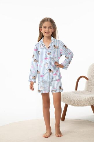 Caretoo Girls Pajamas 3 قطعة ساتان طويلة الأكمام طويلة السراويل مع السراويل القصيرة Pajama مجموعة لطيف الأطفال ملابس النوم 3-10y in Kuwait
