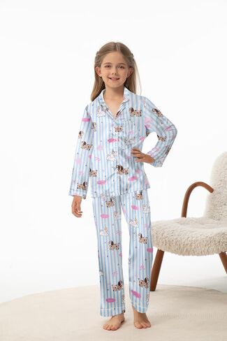 Caretoo Girls Pajamas 3 قطعة ساتان طويلة الأكمام طويلة السراويل مع السراويل القصيرة Pajama مجموعة لطيف الأطفال ملابس النوم 3-10y in Kuwait