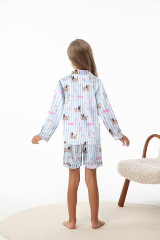 Caretoo Girls Pajamas 3 قطعة ساتان طويلة الأكمام طويلة السراويل مع السراويل القصيرة Pajama مجموعة لطيف الأطفال ملابس النوم 3-10y in Kuwait
