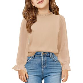 Haloumoning Girls Long Sleeve Shirts Chiffon Blouses Kids Cute Puff Sleeve Ruffle Mock Neck Casual Tops 5-14 Years in Saudi Arabia