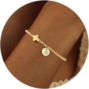 M MOOHAM Initial Bracelets for Women - Cross Bracelet for Womens Letter A-Z Cross Bracelet Gold Beaded Bracelets Dainty Small Jewelry, Religious Christian Gifts for Women in Kuwait