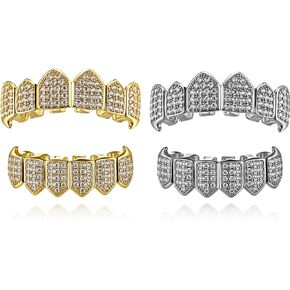 Soulchen 2 Set Vampire Teeth Silver Gold Diamond Grills for Your Teeth for Men Women 18k Gold Plated Hip Hop Rapper Costume Halloween Cosplay Extra Molding Bars in Saudi Arabia