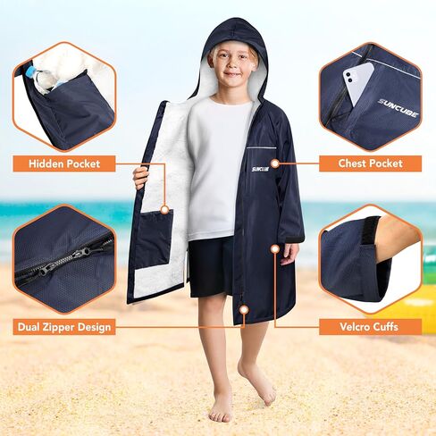 SUN CUBE Swim Parka Boy Girl, Kids Unisex Hooded Changing Robe with Sherpa Lining for Swimming, Surfing, Water Sports in Saudi Arabia