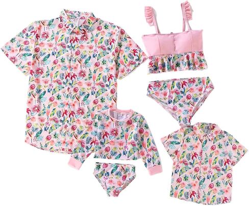 Family Matching Swimsuits Bathing Suits Mommy and Me Swimwear 2 Pieces Floral Print Bikini Set Male Shirts in Saudi Arabia