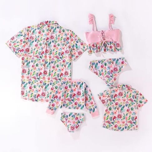 Family Matching Swimsuits Bathing Suits Mommy and Me Swimwear 2 Pieces Floral Print Bikini Set Male Shirts in Saudi Arabia