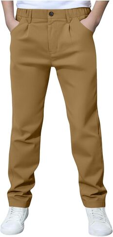 Boys' Dress Pants Kids Elastic Waist Twill Straight Leg School Uniform Pants with Pockets Casual Stretch Cotton Chino in Saudi Arabia