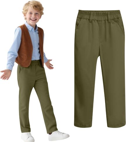 Kids Boy School Uniform Pants Stretch Cotton Chino Straight Leg Elastic Waist Slim Fit Trouser with Pocket 5-14 Years in Saudi Arabia