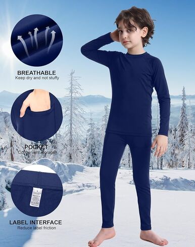 Roadbox Boys Thermal Underwear Sets Ultra Soft FLeece Lined Long Johns Base Layer Top and Bottoms with Pockets in Saudi Arabia