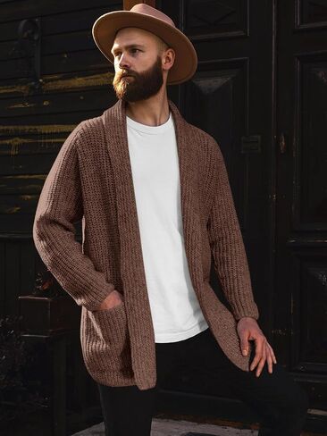 Runcati Mens Shawlar Long Cardigan cardigan متماسكة مفتوحة السترة الأمامية خريف الشتاء سترة كارديجان حرارية in Saudi Arabia