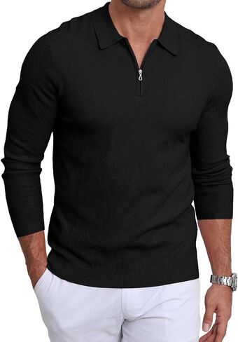 Lexiart Men's Polo Polo Long Long Slim Fit Fit Sender Collared Quarity Zip Zip Sweater خفيفة الوزن in Saudi Arabia