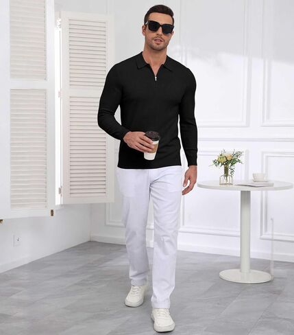 Lexiart Men's Polo Polo Long Long Slim Fit Fit Sender Collared Quarity Zip Zip Sweater خفيفة الوزن in Saudi Arabia
