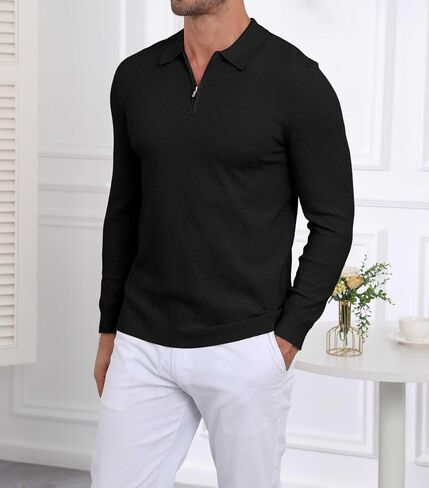 Lexiart Men's Polo Polo Long Long Slim Fit Fit Sender Collared Quarity Zip Zip Sweater خفيفة الوزن in Saudi Arabia