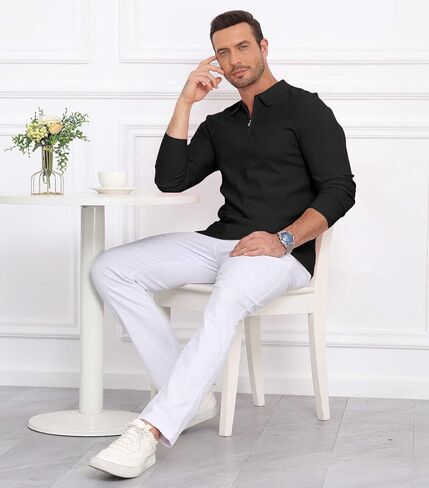Lexiart Men's Polo Polo Long Long Slim Fit Fit Sender Collared Quarity Zip Zip Sweater خفيفة الوزن in Saudi Arabia