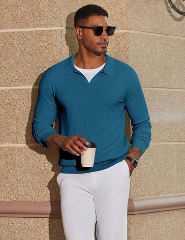 COOFANDY Men's Knit Polo Sweater Long Sleeve V-Neck Pullover Sweaters Casual Collared Ribbed Knitted Polos in Saudi Arabia