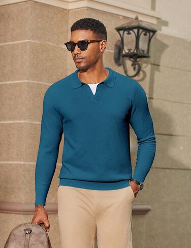 COOFANDY Men's Knit Polo Sweater Long Sleeve V-Neck Pullover Sweaters Casual Collared Ribbed Knitted Polos in Saudi Arabia