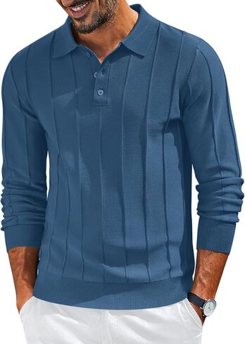 COOFANDY Mens Knit Long Sleeve Polo Sweater Business Casual Collared Golf Sweaters Ribbed Textured Activewear Polos in Saudi Arabia