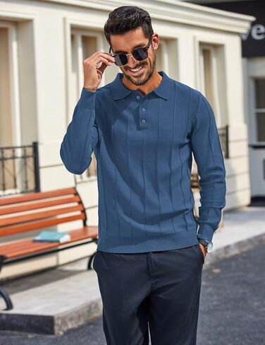 COOFANDY Mens Knit Long Sleeve Polo Sweater Business Casual Collared Golf Sweaters Ribbed Textured Activewear Polos in Saudi Arabia