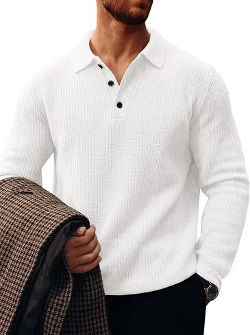 Runcati Mens Long Sleeve Polo Sweater Knit Polos V Neck Casual Dress Button Collared Pullover Sweaters in Saudi Arabia