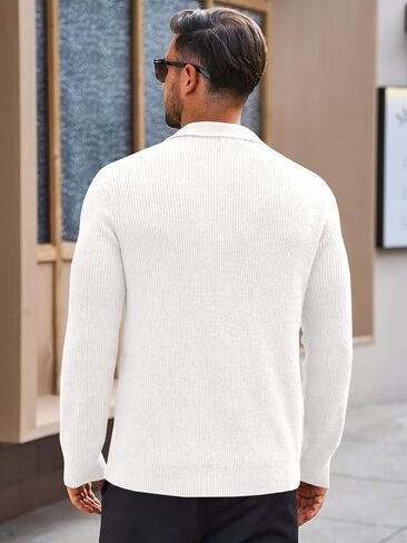 Runcati Mens Long Sleeve Polo Sweater Knit Polos V Neck Casual Dress Button Collared Pullover Sweaters in Saudi Arabia