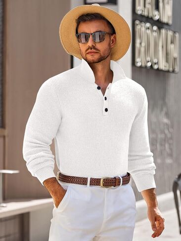 Runcati Mens Long Sleeve Polo Sweater Knit Polos V Neck Casual Dress Button Collared Pullover Sweaters in Saudi Arabia