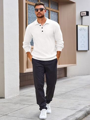 Runcati Mens Long Sleeve Polo Sweater Knit Polos V Neck Casual Dress Button Collared Pullover Sweaters in Saudi Arabia