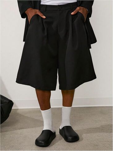 OYOANGLE Men's Pleated Crop Suit Loose Shorts Solid Straight Leg Summer Groom Casual Dress Shorts in Saudi Arabia