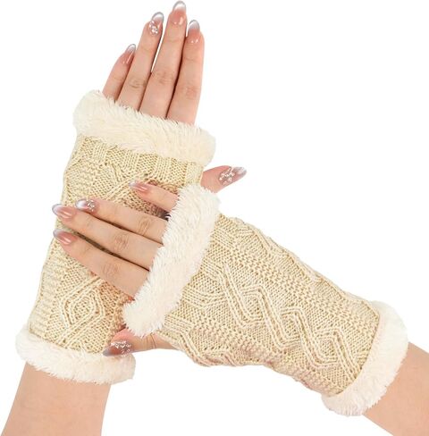 Women Arm Warmers, Winter Knitted Wrist Warmers Fluffy Lined Fingerless Mitten Gloves for Women Girls Cold Weather in Kuwait