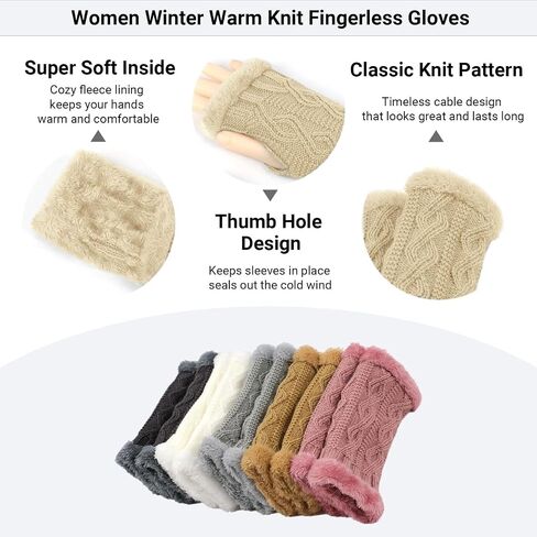 Women Arm Warmers, Winter Knitted Wrist Warmers Fluffy Lined Fingerless Mitten Gloves for Women Girls Cold Weather in Kuwait