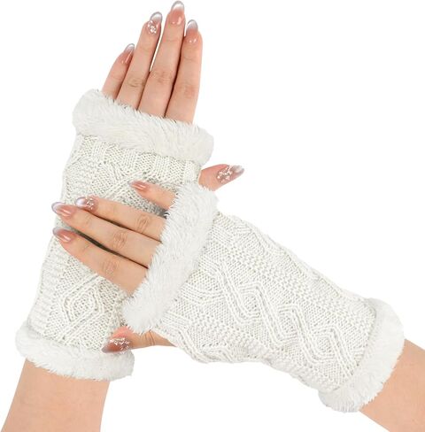 Women Arm Warmers, Winter Knitted Wrist Warmers Fluffy Lined Fingerless Mitten Gloves for Women Girls Cold Weather in Kuwait