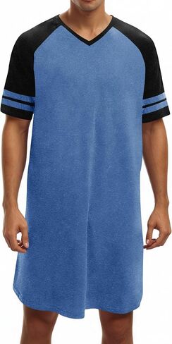 Runcati Mens Nightshirt Short Sleeve v Neck Lightgown Block Loose Fit Fit Lounge Pajama Sleepwear in Saudi Arabia