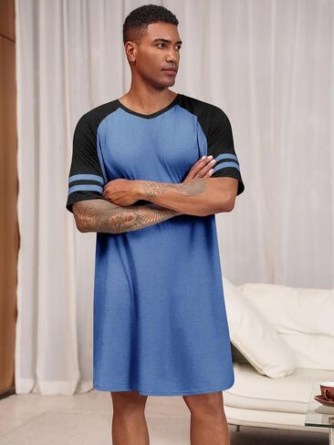 Runcati Mens Nightshirt Short Sleeve v Neck Lightgown Block Loose Fit Fit Lounge Pajama Sleepwear in Saudi Arabia