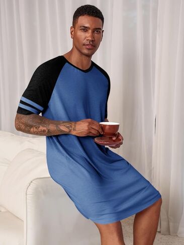 Runcati Mens Nightshirt Short Sleeve v Neck Lightgown Block Loose Fit Fit Lounge Pajama Sleepwear in Saudi Arabia