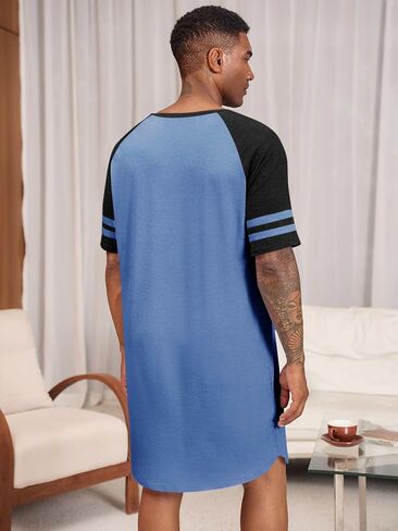 Runcati Mens Nightshirt Short Sleeve v Neck Lightgown Block Loose Fit Fit Lounge Pajama Sleepwear in Saudi Arabia