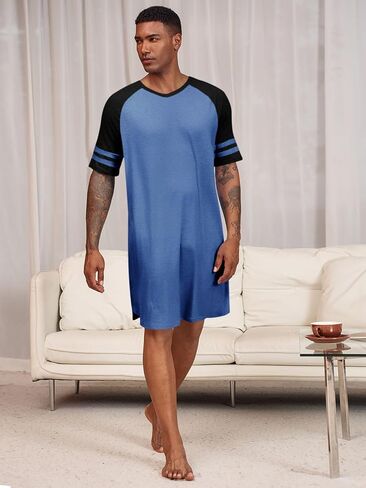 Runcati Mens Nightshirt Short Sleeve v Neck Lightgown Block Loose Fit Fit Lounge Pajama Sleepwear in Saudi Arabia