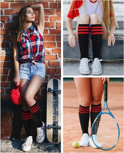 Syhood 2 Pairs Classic Athletic Knee High Socks Triple Stripes Over the Calf Cotton Retro Tube Sock in Saudi Arabia
