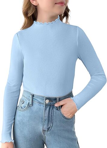 Arshiner Girls Lettuce Trim Mock Neck Long Sleeve Shirts Ribbed Knit Slim Fit Base Layer Tops Tees in Saudi Arabia