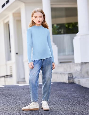 Arshiner Girls Lettuce Trim Mock Neck Long Sleeve Shirts Ribbed Knit Slim Fit Base Layer Tops Tees in Saudi Arabia
