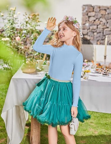 Arshiner Girls Lettuce Trim Mock Neck Long Sleeve Shirts Ribbed Knit Slim Fit Base Layer Tops Tees in Saudi Arabia
